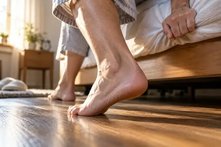 Bare feet touching the floor beside a bed