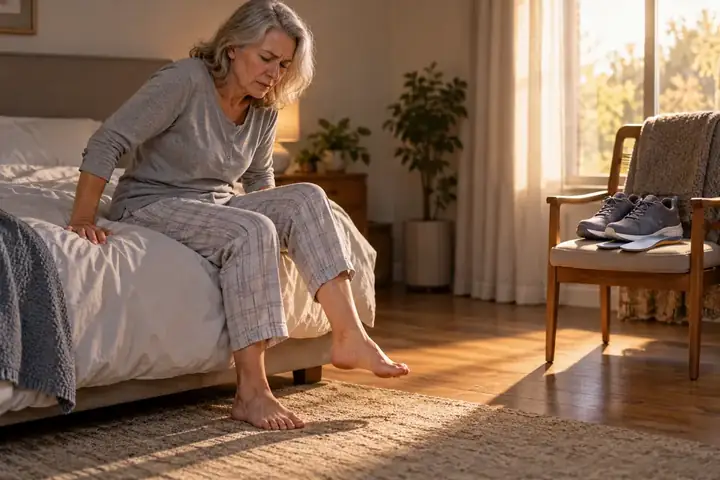 Woman sitting on her bed in the morning, shoes and insoles out of reach