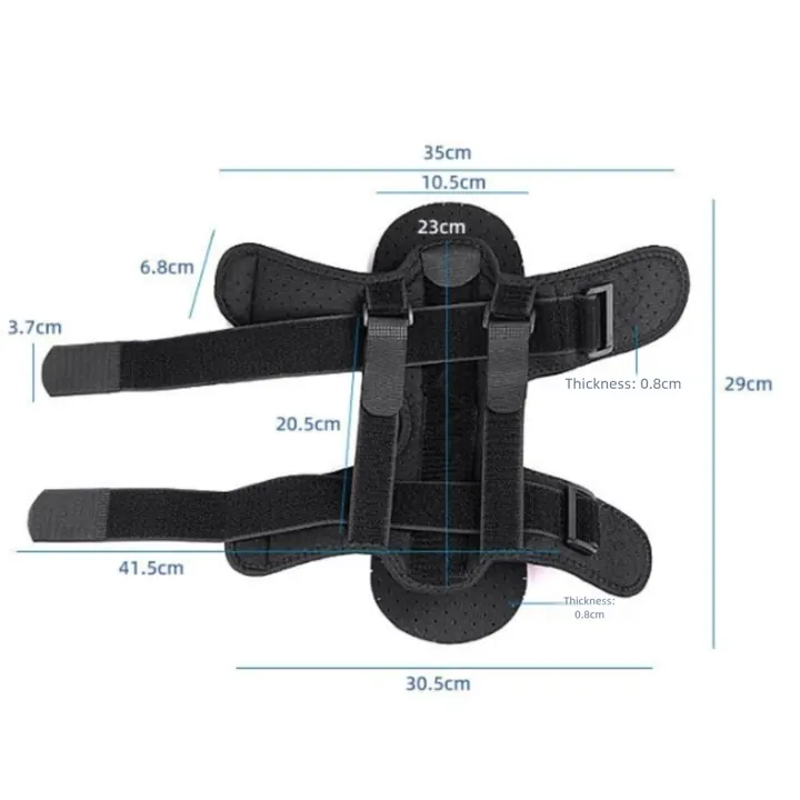 NightPrep Feet night support laid flat with its measurements: 35 cm across the top, 30.5 cm across the bottom, 29 cm long, straps 41.5 cm